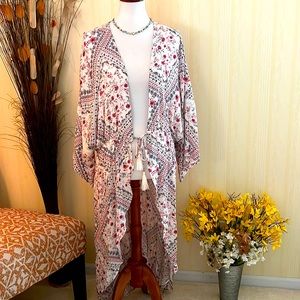 NWT Long Floral Kimono Tie Front Adjustable Size L XL